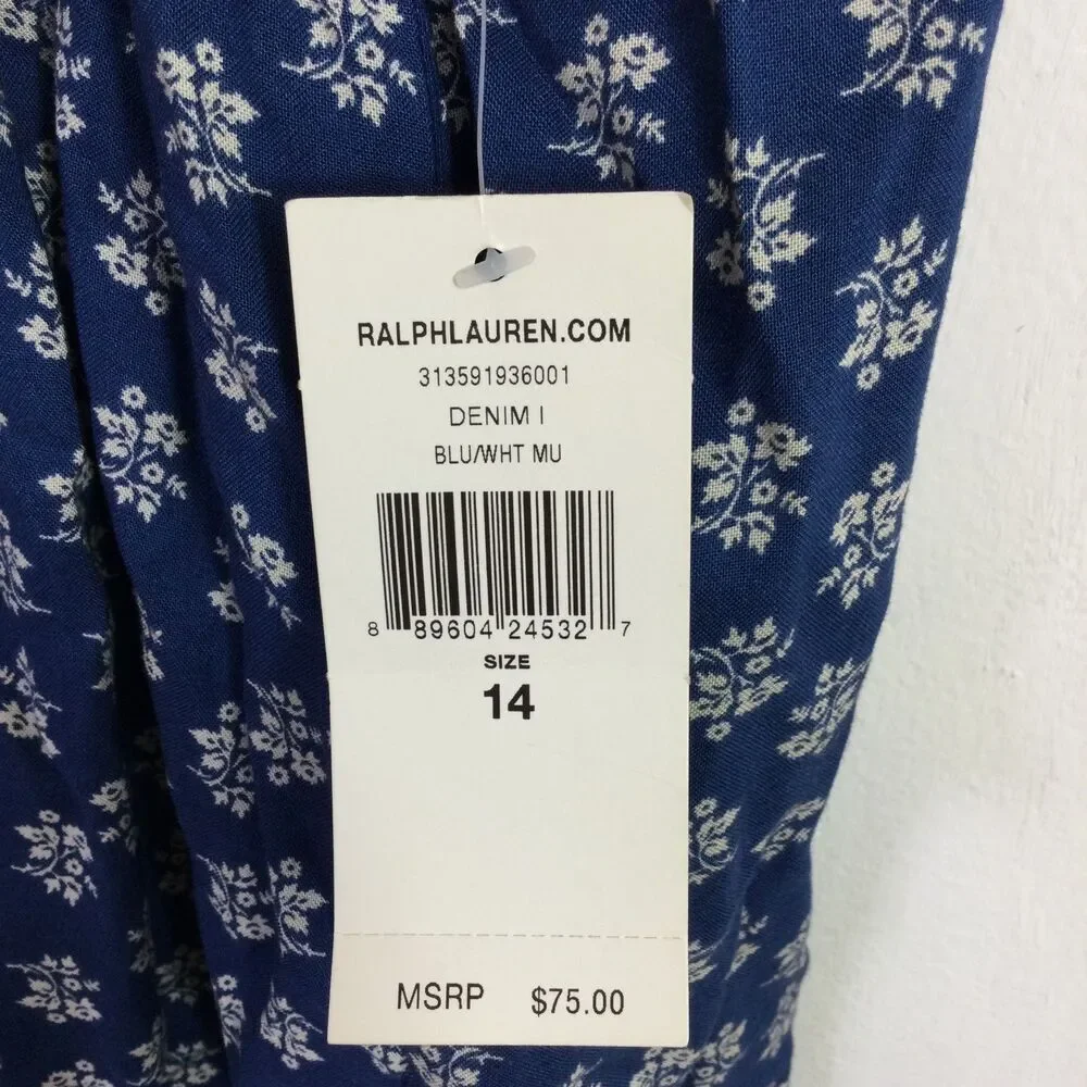 Polo Ralph Lauren Girls Floral Print Boho Dress Denim Blue White Size 14 NWT